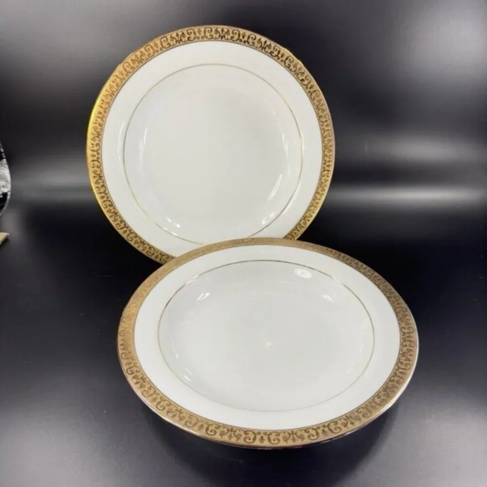Royal Gallery‎ Gold Deep Dish Plates Macy 1991 Porcelain Made In Sri Lanka Set 2